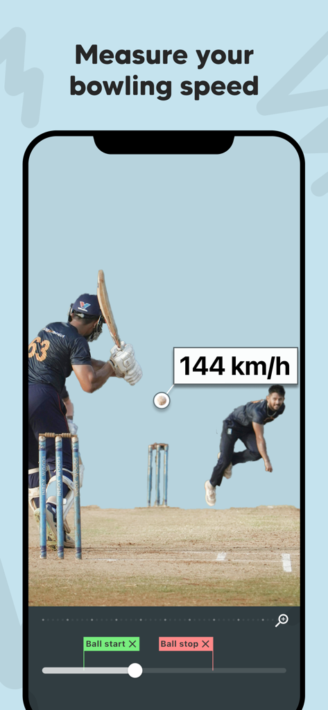 Smartphone screen showing a cricket bowling speed measurement of 144 km/h using video frame analysis