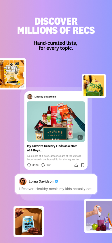 Benable: for influencers & all - Captura de pantalla de la aplicación Benable que muestra listas de recomendaciones curadas a mano para comestibles y bocadillos saludables.