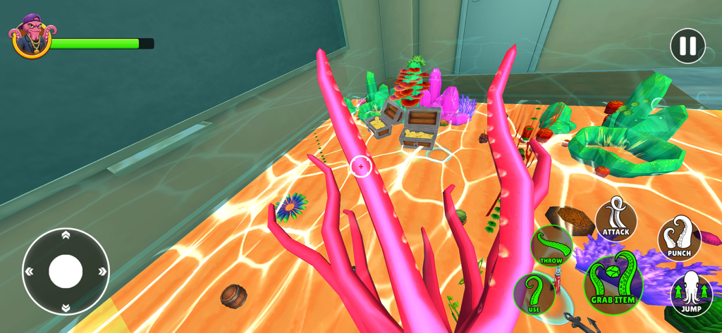 A pink octopus with long tentacles in an underwater-themed room with treasure chests and game controls.
