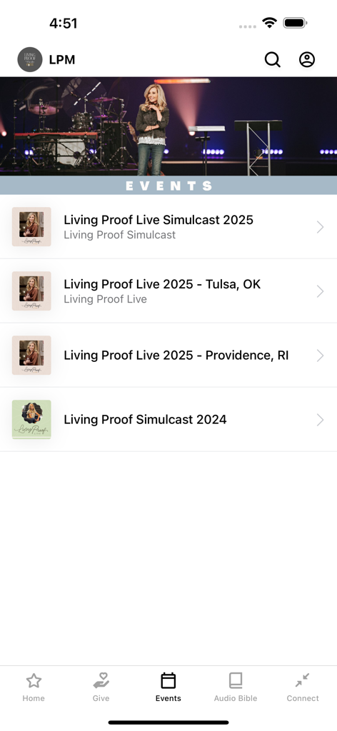 Living Proof with Beth Moore - The events screen in the Living Proof with Beth Moore app listing upcoming live simulcasts and conferences