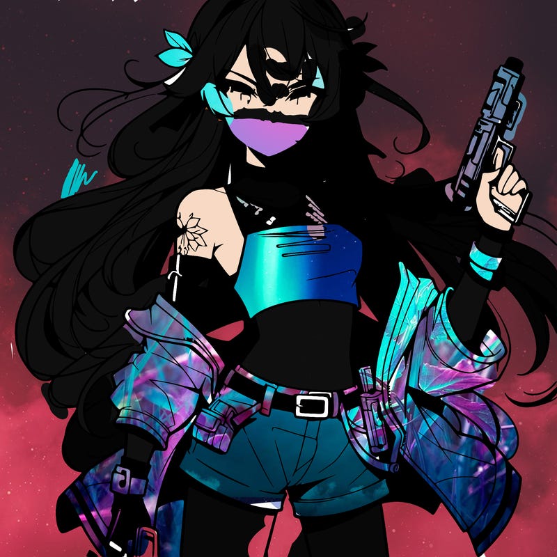 bad girl wearing crop top holding a gun long hair anime