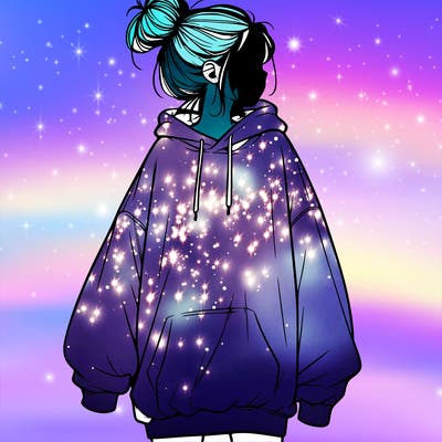 realistic girl with a oversized sweatshirt on and a bun