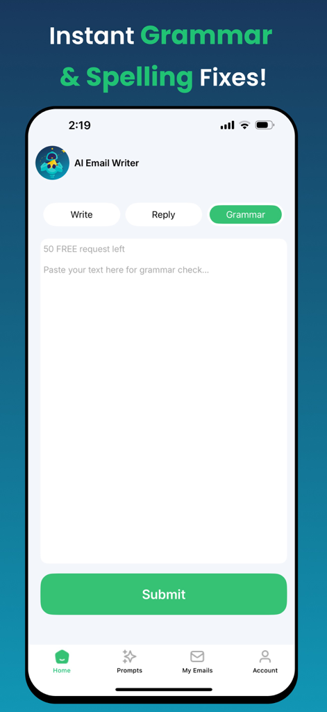 Email Writer : AI Email Writer - A mobile app screen showing a grammar and spelling check feature with a text input field and submit button.