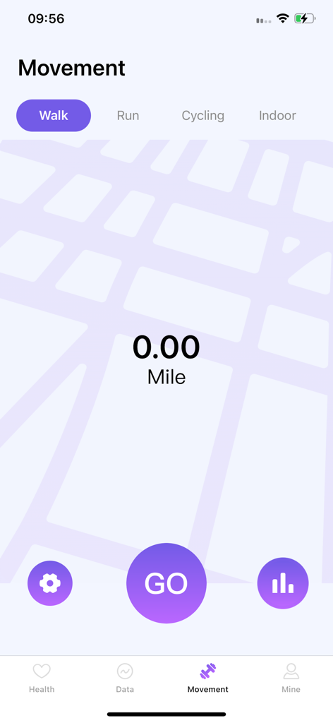 Movement tracking interface of the OFITPRO app showing distance and exercise options