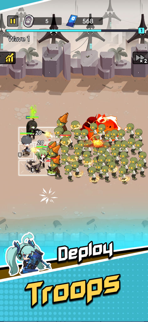 Survival Shelter - Anime warriors defending a small grid base against a large wave of green zombies in Survival Shelter gameplay