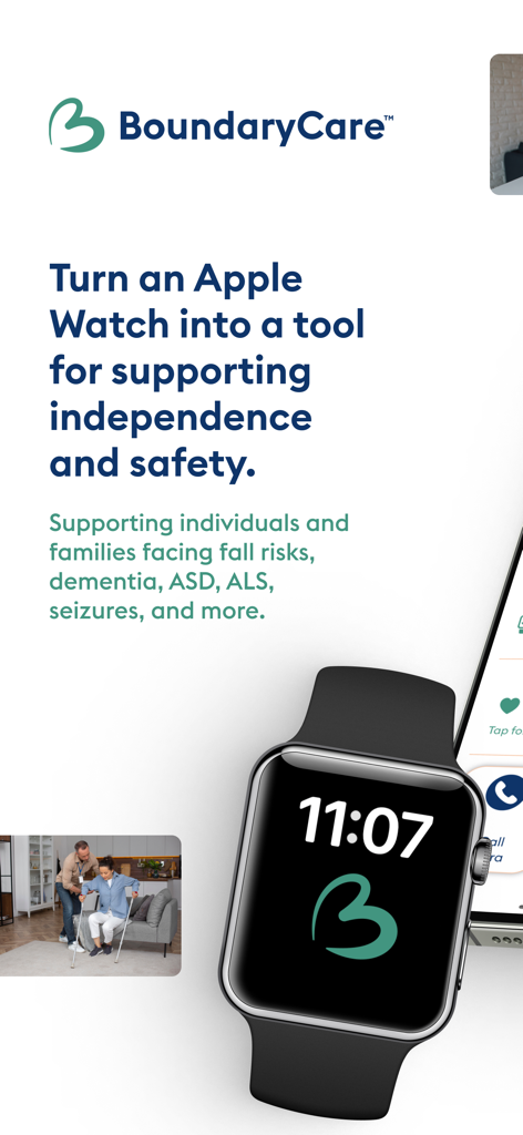 BoundaryCare Watch-Based GPS - BoundaryCare promotional image showing an Apple Watch and a caregiver assisting an elderly person with a walker