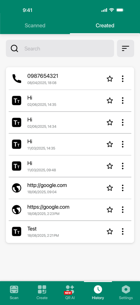 Una pantalla que muestra el historial de códigos QR creados, incluidos números de teléfono y enlaces web
