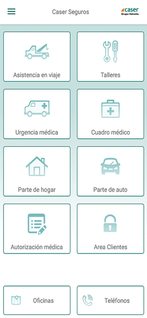 Main menu of the Caser Seguros app featuring icons for roadside assistance, medical directory, and insurance claims.