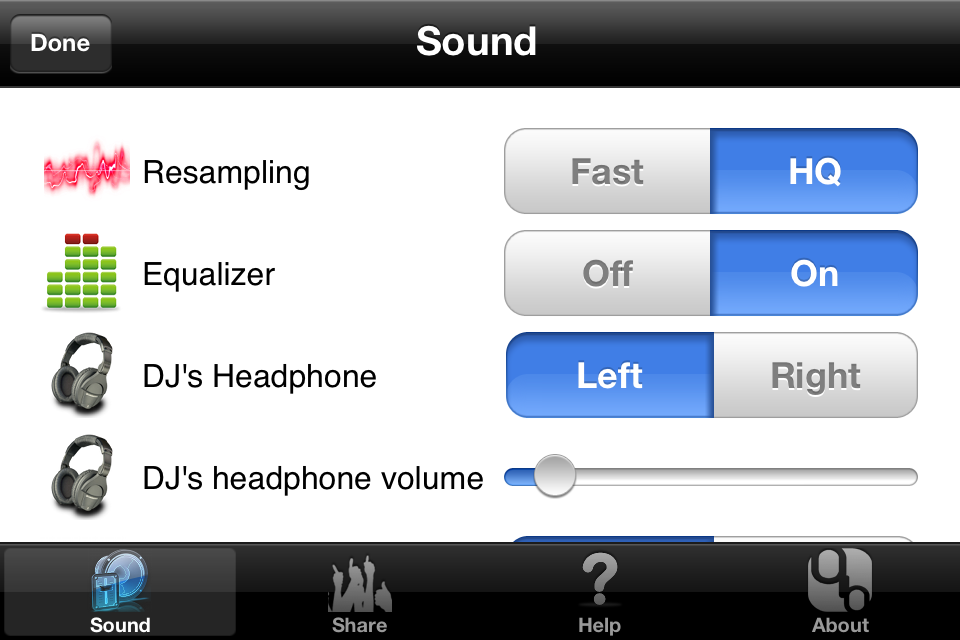 Interfaz del menú de configuración de sonido de la aplicación iDJ2GO con controles de calidad de audio y volumen de auriculares.