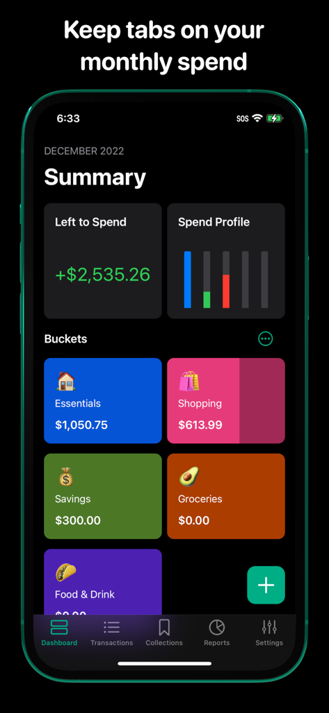 Surplus app dashboard showing monthly spend summary and budget categories