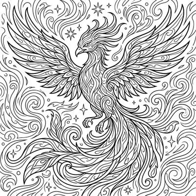 Discover the breathtaking beauty of the Spirit Phoenix, an ethereal creature of pure energy, ready for your artistic touch. Its intricate patterns and majestic form offer a captivating coloring experience for all ages.