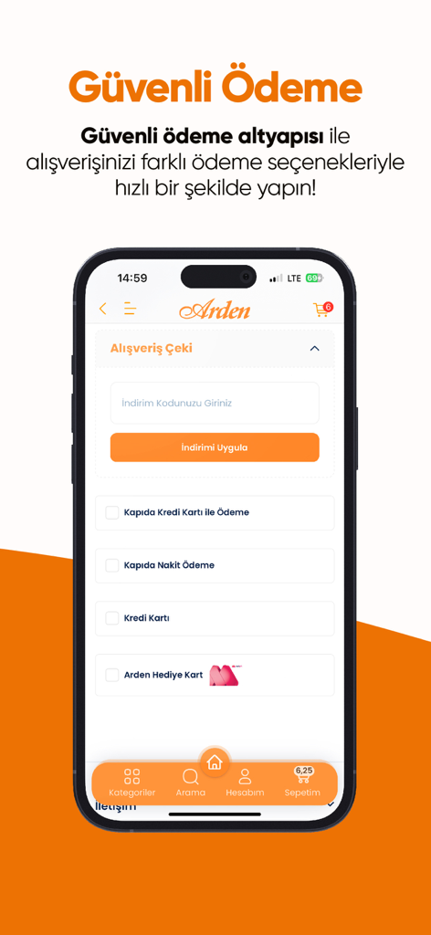 Arden Market - Schermata di checkout dell'app mobile Arden Market che visualizza opzioni di pagamento sicuro tra cui contanti alla consegna e carta di credito.