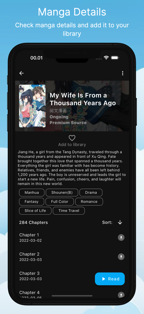 Shimoe Manga Readerのマンガ詳細画面にタイトル、説明、ジャンルタグ、チャプターリストが表示されている様子