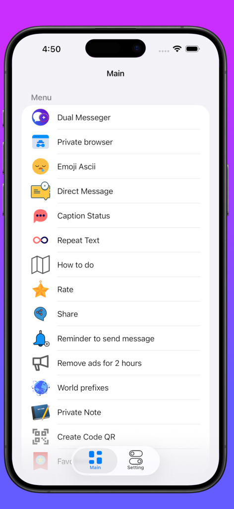 Hauptmenüoberfläche der Dual Messenger App, die verschiedene soziale und Dienstprogrammfunktionen anzeigt