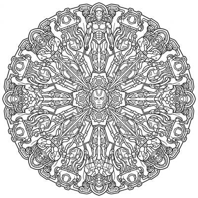 Explore the fascinating fusion of technology and art with this intricate Industrial Cyborg Mandala coloring page. Designed for adults, this complex pattern offers a unique and satisfying creative challenge.