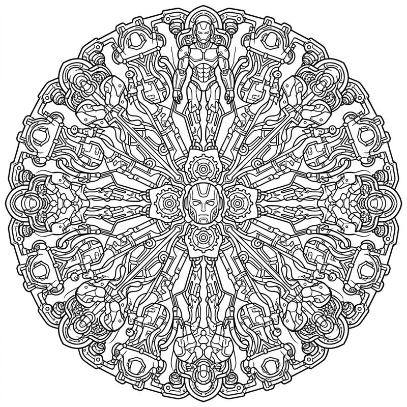 Explore the fascinating fusion of technology and art with this intricate Industrial Cyborg Mandala coloring page. Designed for adults, this complex pattern offers a unique and satisfying creative challenge.