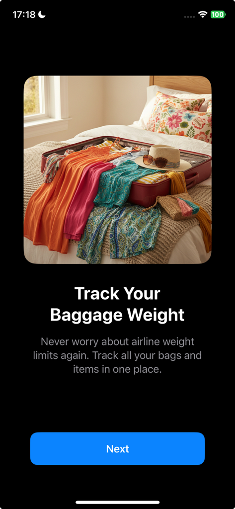 Bagga Calc app onboarding screen showing a packed suitcase with the text Track Your Baggage Weight.