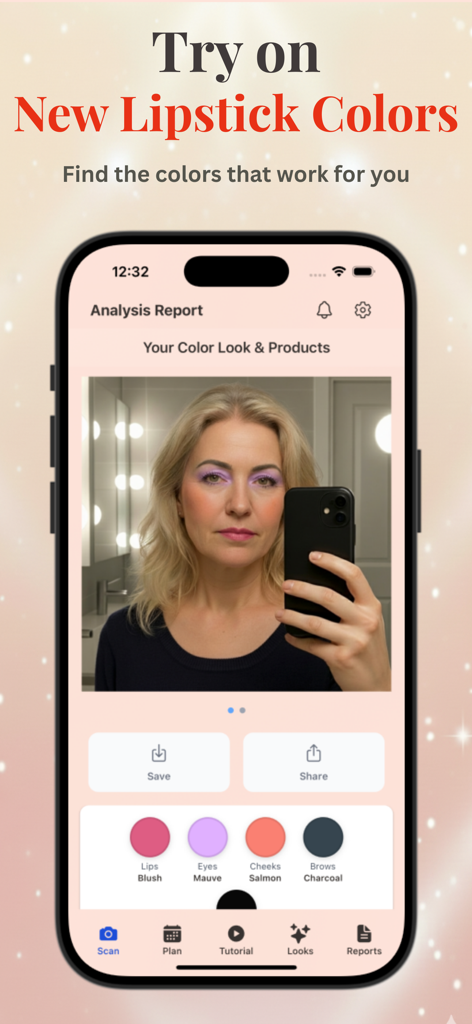 Makeup Check AI - AI Makeup - Pantalla de la aplicación de smartphone que muestra un informe de análisis de maquillaje con IA, prueba virtual de lápiz labial y una paleta de colores personalizada para un usuario.