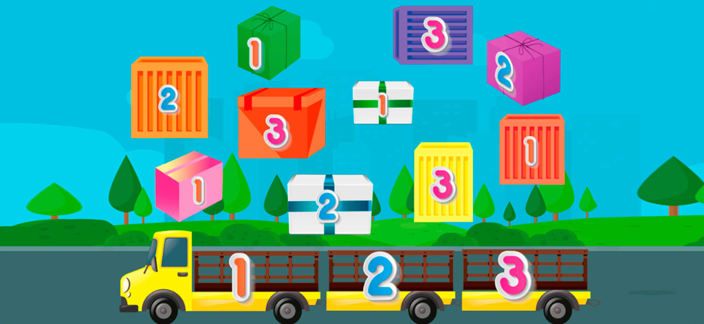 A yellow toy truck with trailers used for sorting numbered boxes in a toddler learning game.