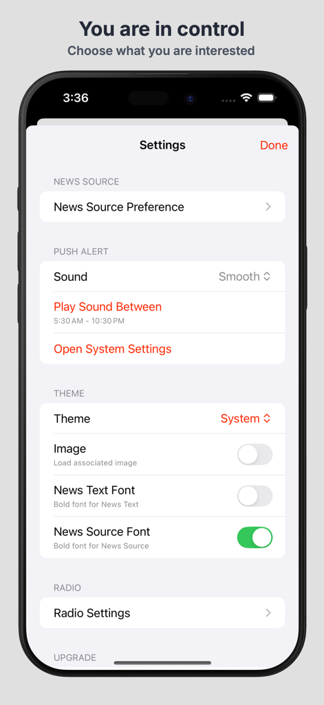 Breaking News - Breaking News app settings screen showing customization options for news sources, push alerts, and themes.