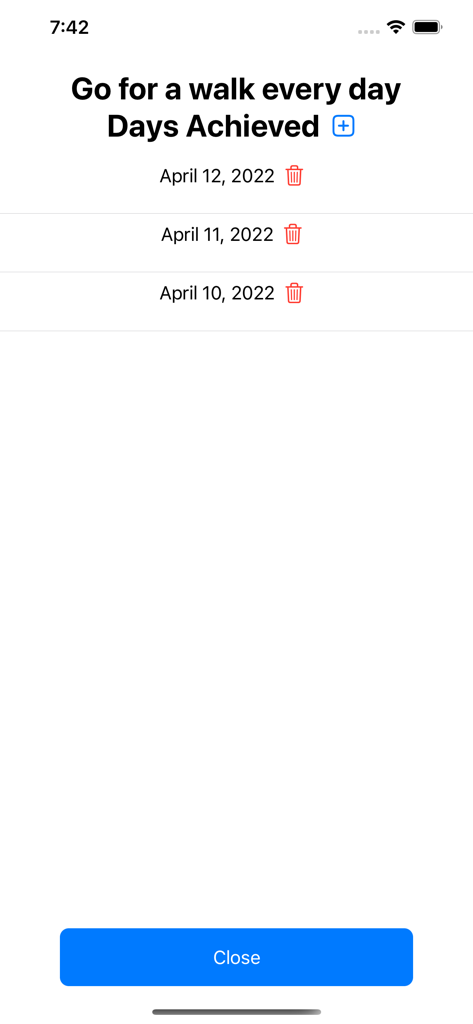 List of achieved dates for a walking goal in the Target Tracker app