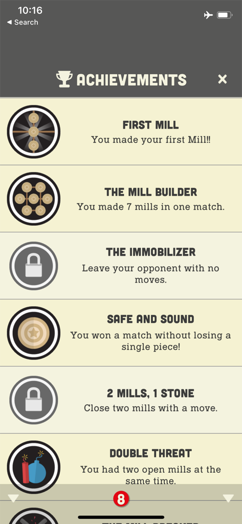 Achievements screen for The Mill Nine Mens Morris game showing various strategy challenges
