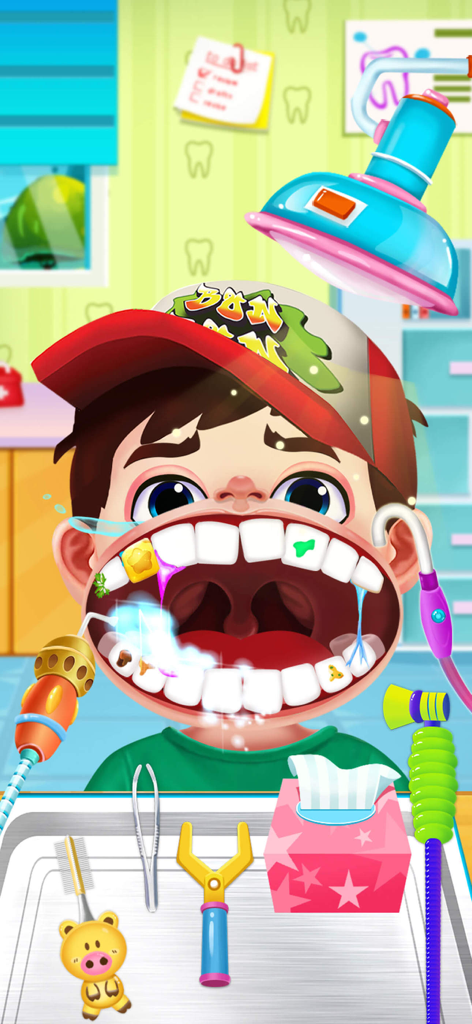 Cartoon boy receiving dental treatment in a kids dentist simulator game