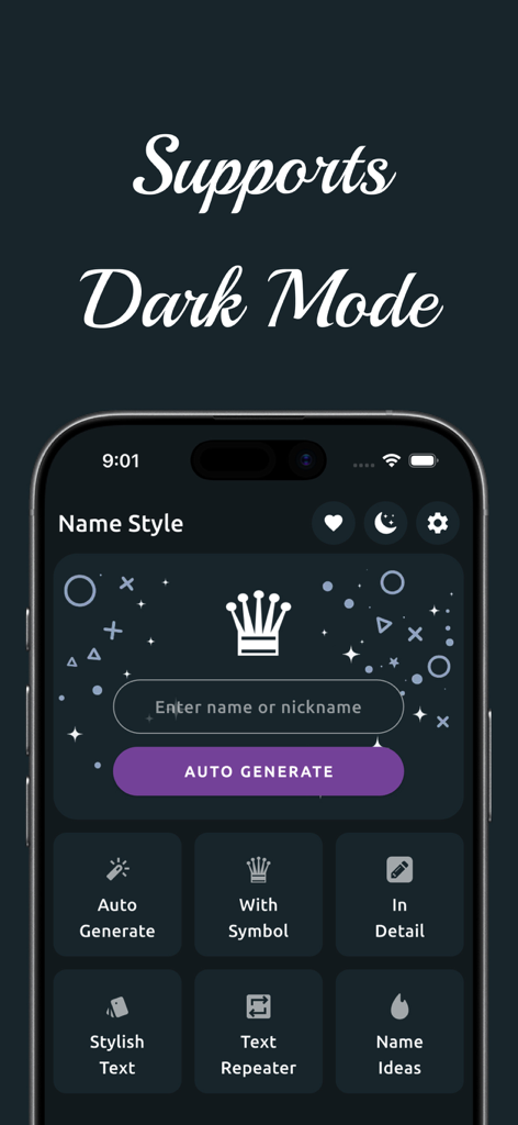 Nickname generator, Name style - Nickname generator app interface showing dark mode feature