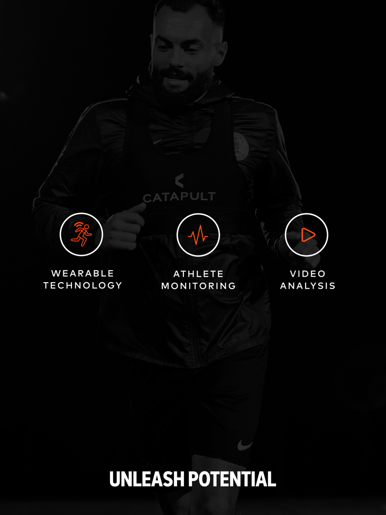 Athlete wearing Catapult performance vest with icons for wearable technology athlete monitoring and video analysis