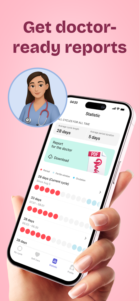 Uma tela de smartphone mostrando estatísticas do ciclo menstrual e uma opção de download de relatório de saúde pronto para o médico no aplicativo Clover