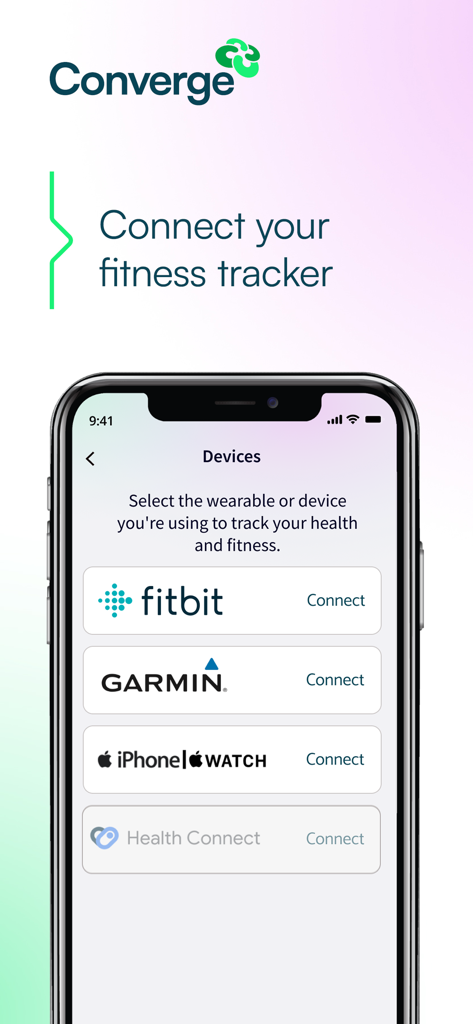 Pantalla de la aplicación Converge para conectar rastreadores de actividad física y dispositivos portátiles como Fitbit y Garmin