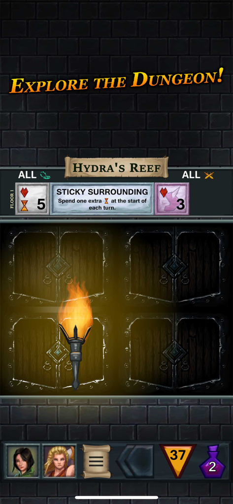 One Deck Dungeon mobile gameplay showing the Hydras Reef dungeon floor with exploration doors and a lit torch.