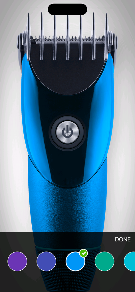 Realistic blue hair trimmer simulation with color selection menu