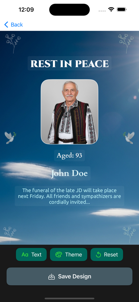 A mobile app interface showing a memorial poster design with a photo of an elderly man and a sky background