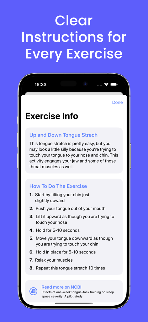 Sleep Apnea & Snore Exercises - Una pantalla de aplicación móvil que muestra instrucciones paso a paso para un ejercicio de Estiramiento de Lengua Arriba y Abajo con un enlace a un estudio científico.