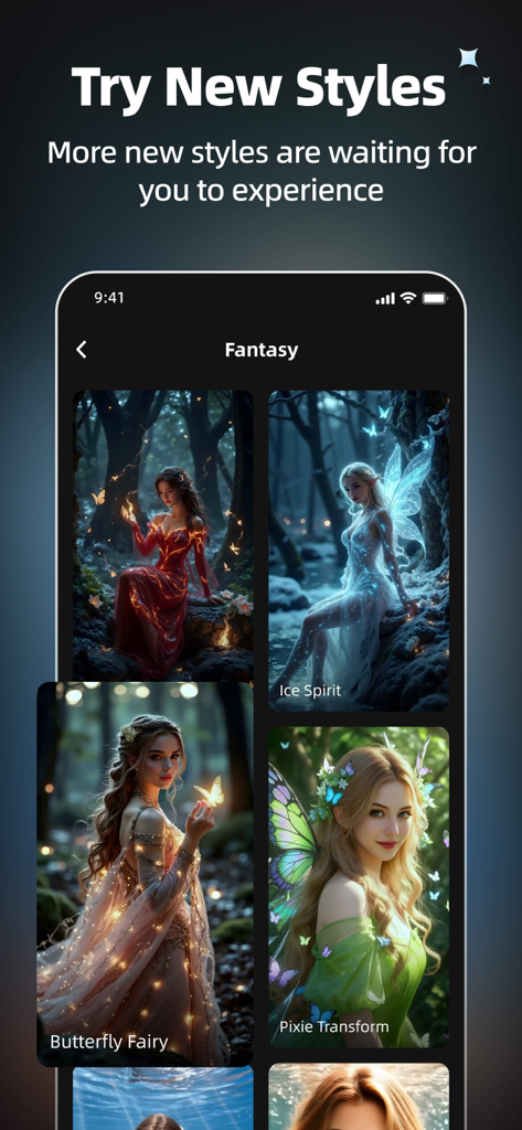 Interface of PictoPop app showing AI fantasy styles like Ice Spirit and Butterfly Fairy