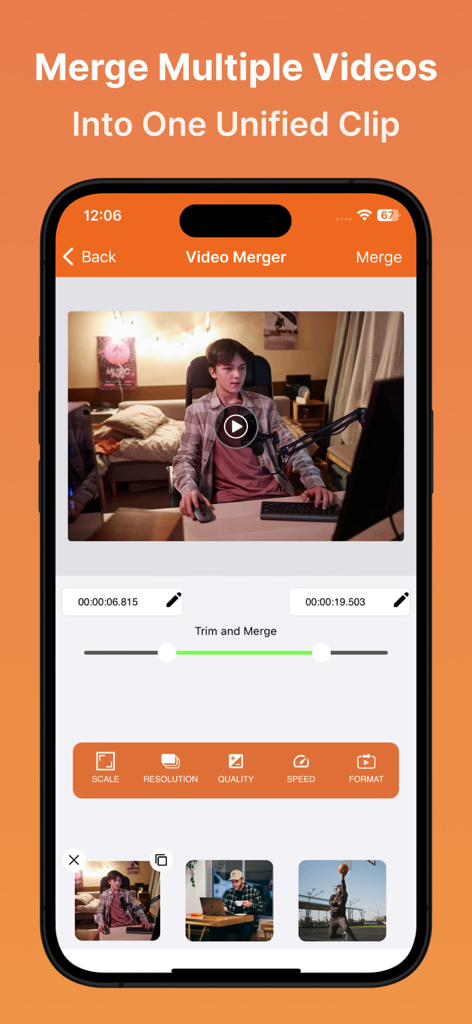 Video Compressor : Save Space - Tela de smartphone mostrando a interface do mesclador de vídeo com vários clipes de vídeo e ferramentas de edição