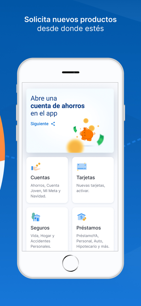 Banco General, S.A. - Interfaz de la aplicación Banco General que muestra opciones para solicitar cuentas, tarjetas, seguros y préstamos