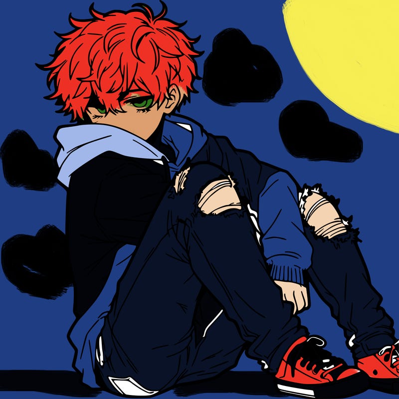 a male hoddie ripped jeans messy hair anime