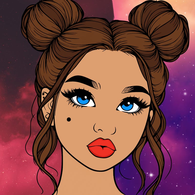 realistic girl with two buns on her hair and lips