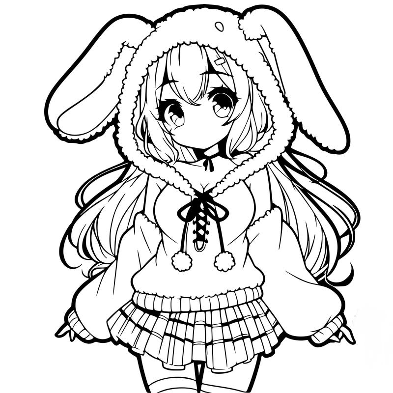 pretty anime girl wearing a fluffy hoodie with bunny ears on the hood and a skirt