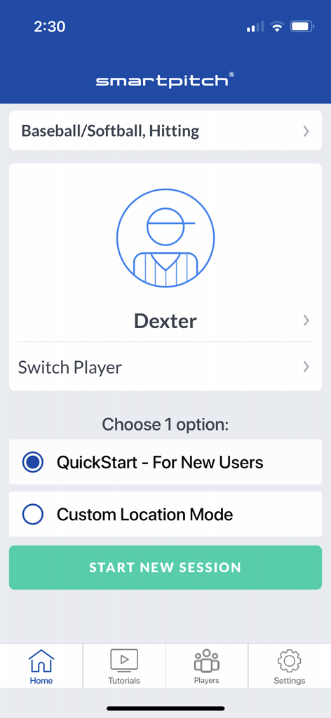 SmartPitch app home screen showing player Dexter and options to start a new baseball hitting session.