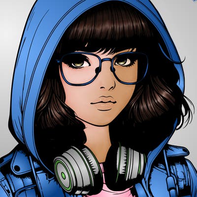 realistic teenagegirl with bangs in her hair headphones and wearing glasses and a jacket with a hoodie