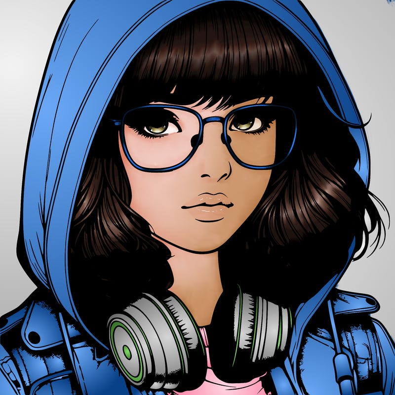realistic teenagegirl with bangs in her hair headphones and wearing glasses and a jacket with a hoodie