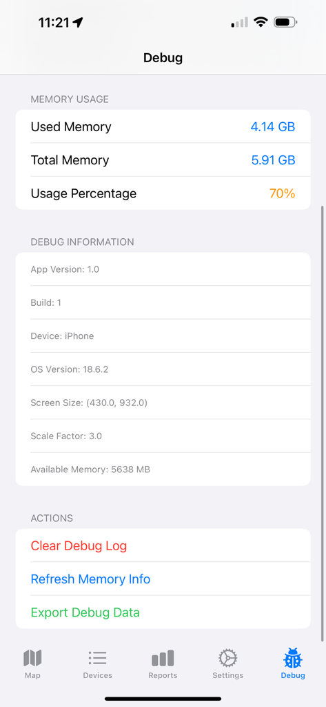 RF Aware - Debug menu in the RF Aware app showing system memory usage and device technical details.