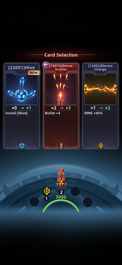 Space Outpost: Drone War - Pantalla de selección de cartas en Space Outpost que muestra mejoras de naves de guerra de drones para Colmena, Dispersión Densa y Carga Eléctrica.