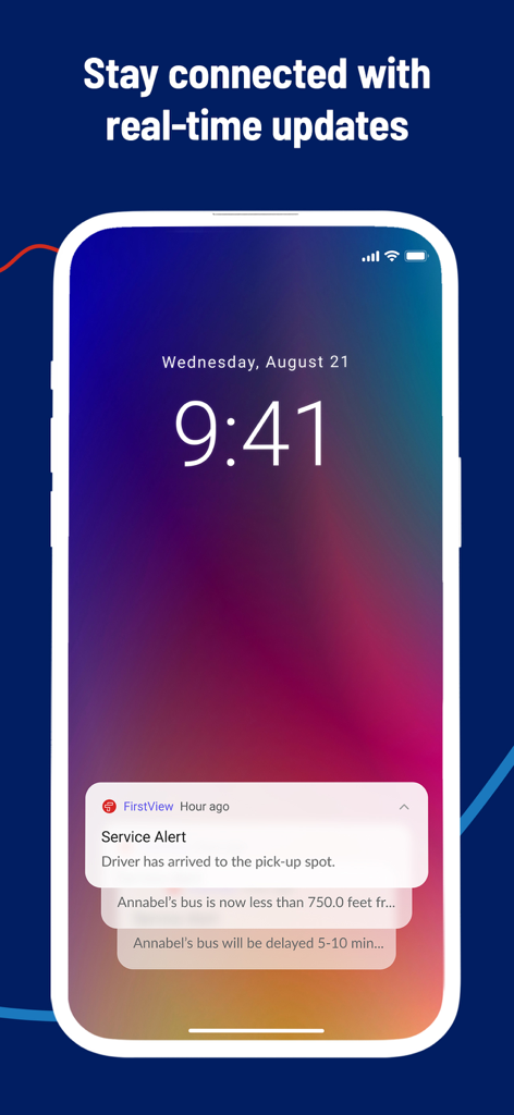 First View - Smartphone lock screen displaying real-time school bus arrival and service alert notifications from the First View app.
