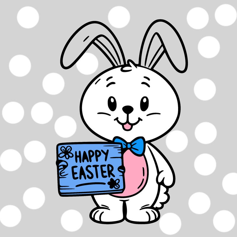 an easter bunny with a sign in his hand that says happy easter
