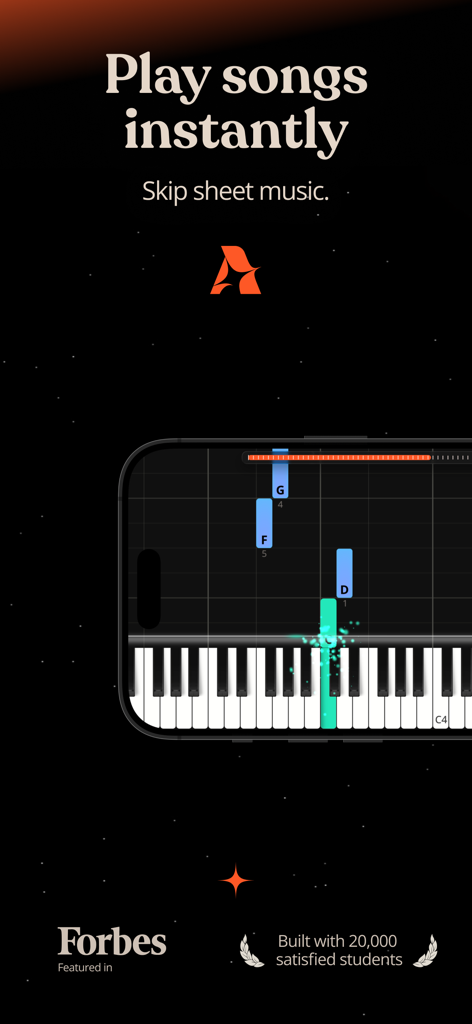 Artie: Learn Piano with AI - Artie mobile app interface showing falling notes and a virtual keyboard for instant song playing