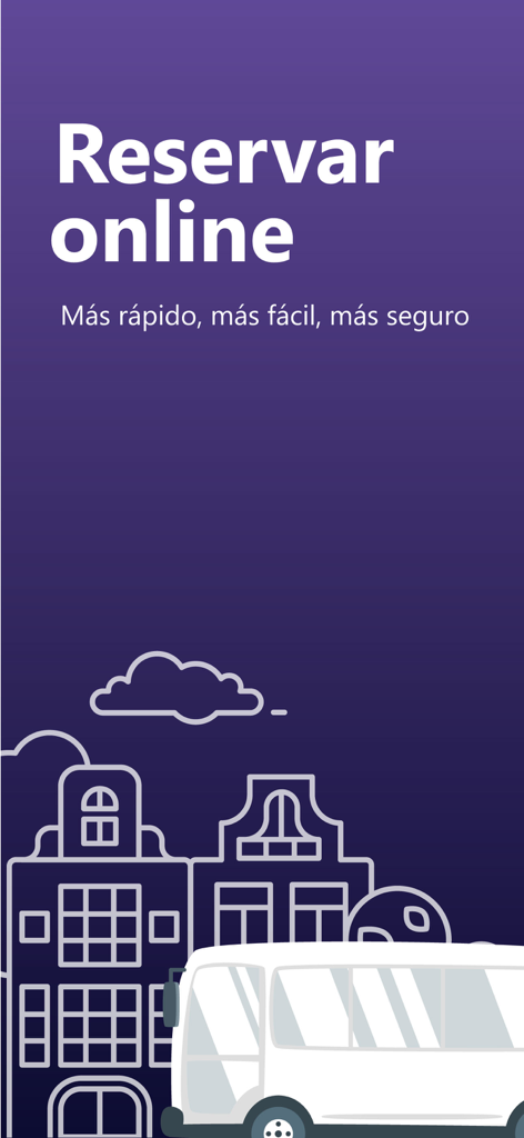 Passer Technologies - Pantalla de introducción de la aplicación de reserva de autobuses Passer Technologies con el texto Reservar online y una ilustración de un autobús